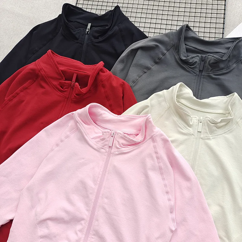 Chaqueta de entrenamiento sin costuras con cuello levantado para mujer - Top de entrenamiento de gimnasia para yoga con cremallera frontal ajustada