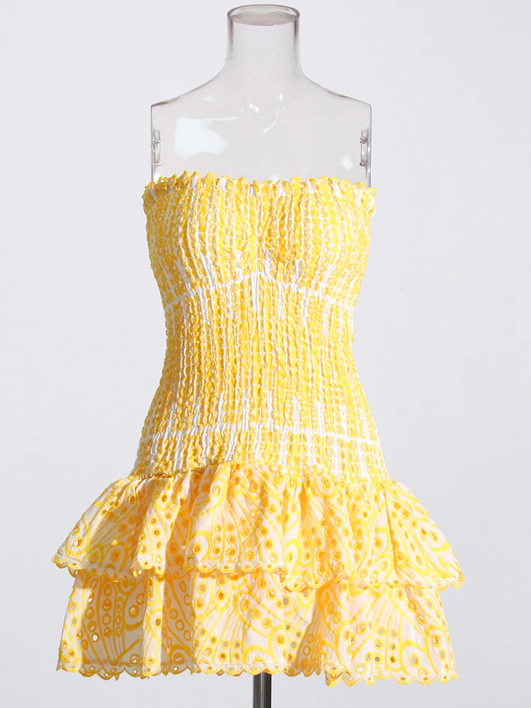 TWOTWINSTYLE, vestido Sexy con dobladillo en capas recortado para mujer, sin tirantes, sin mangas, con hombros descubiertos, Mini vestidos de cintura alta, ropa femenina