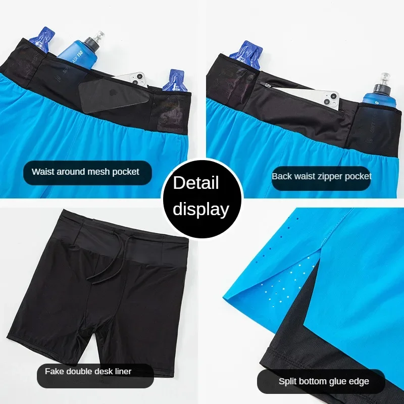 Pantalones cortos de doble cubierta para hombre, para correr, gimnasio, Fitness, correr, bolsillo de secado rápido, traning, trotar, entrenamiento