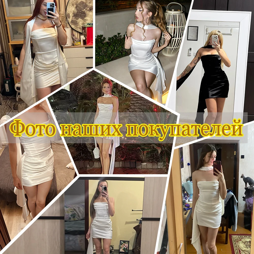 Suninheart elegante vestido con corsé sin tirantes, minivestido drapeado de satén blanco Sexy con bufanda, vestidos de fiesta de cóctel para mujer