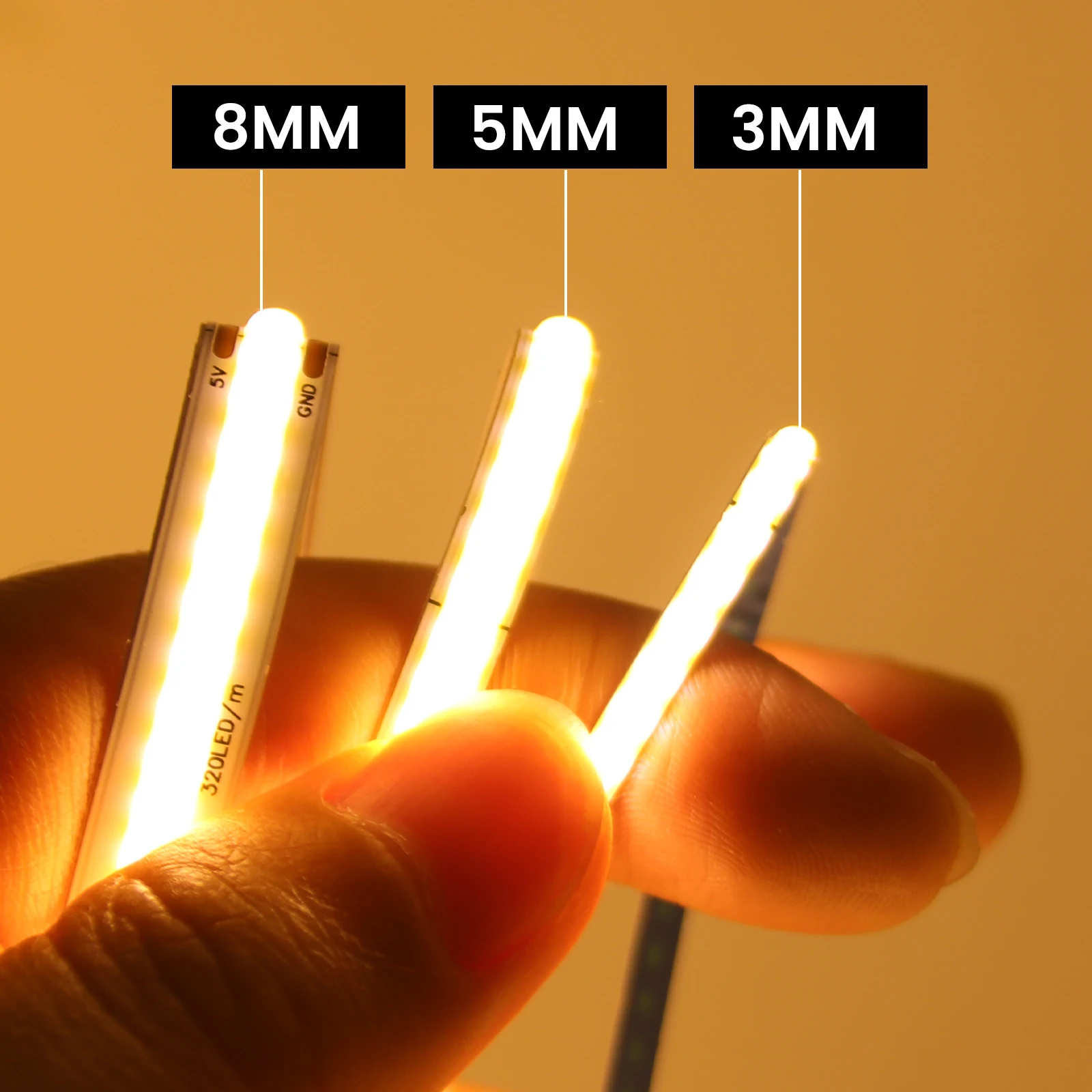 Tira COB de 5V, 12V, 3MM, 5MM, 8MM, barra de luz LED FOB, 320Leds/M, cinta Flexible de alta densidad, cinta de cuerda, luz de gabinete 3000K 4000K 6000K
