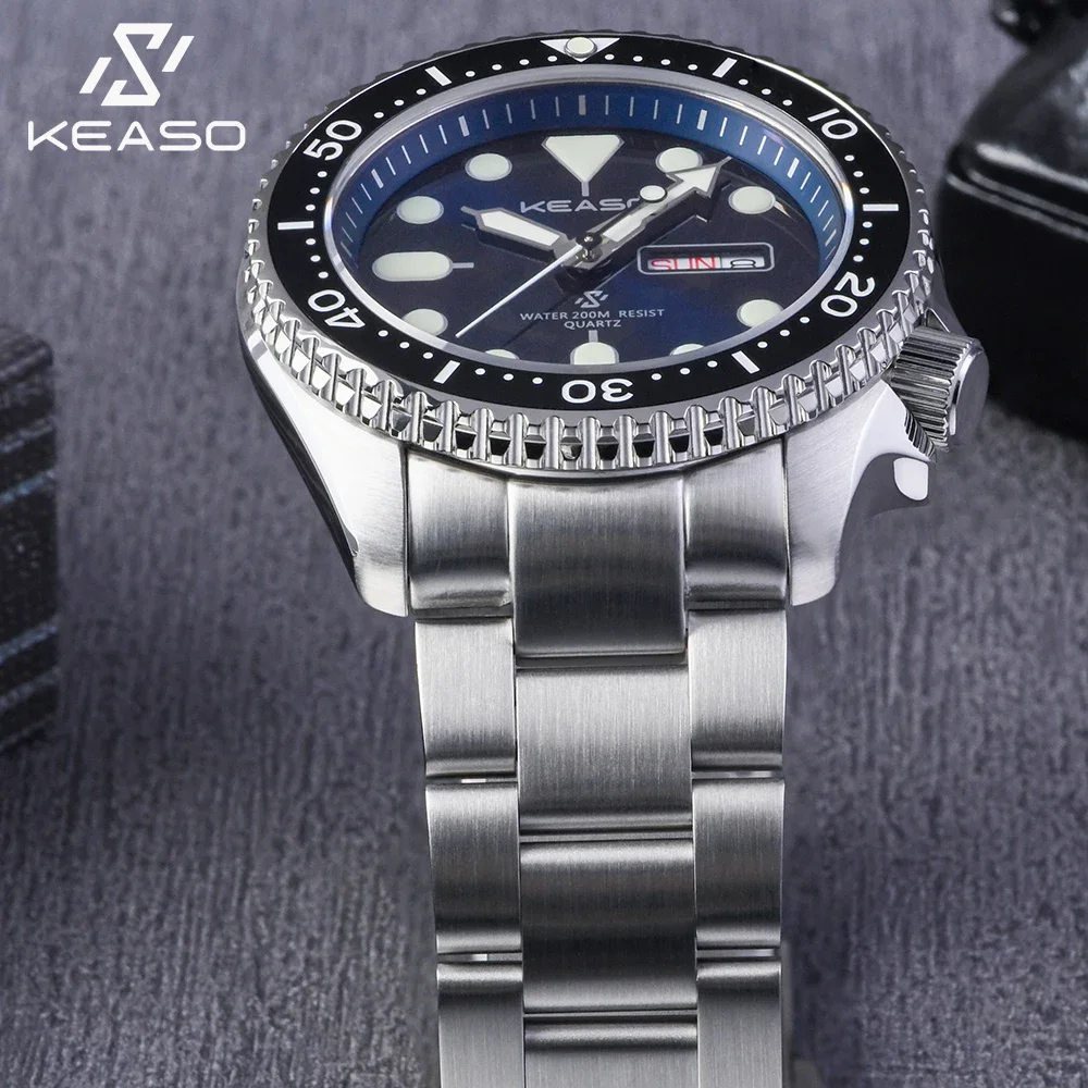 Reloj de Buceo para Hombre KEASO, Movimiento de Cuarzo MIYOTA 2035, C3 Super Luminoso, Deportivo, Acero Sólido 316L, Resistente al Agua 200M, Cristal de Zafiro