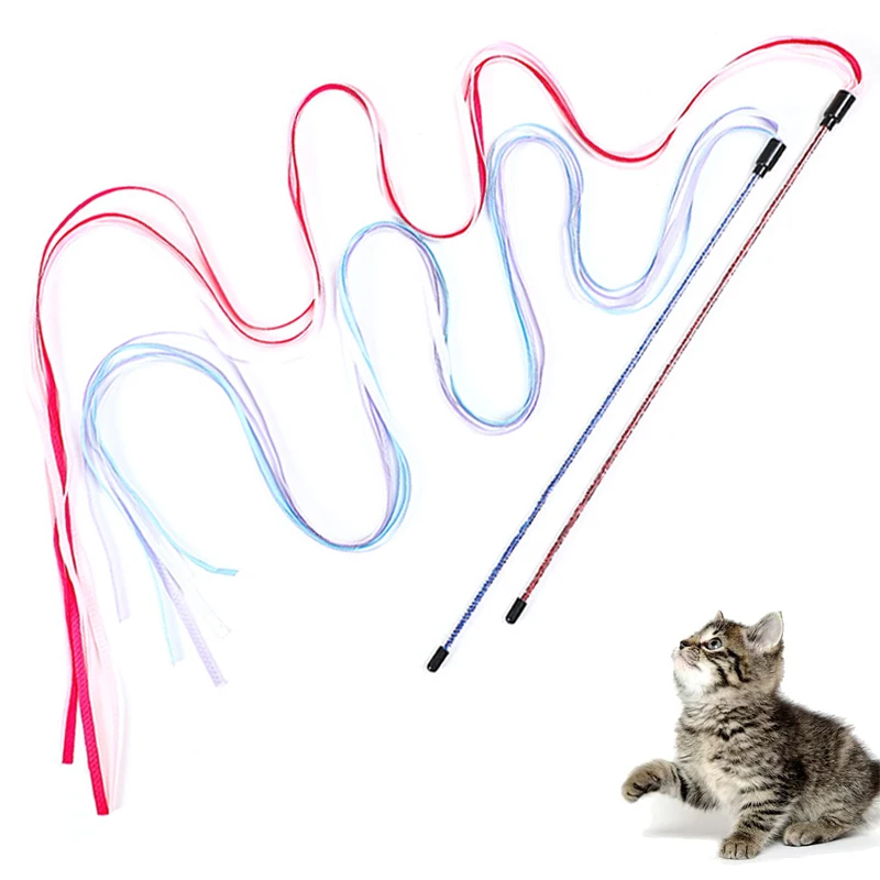 Juguetes interactivos para gatos, cinta larga de satén, varilla de rompecabezas para gatos, juguete para gatitos, varita de juguete, palo para gatos