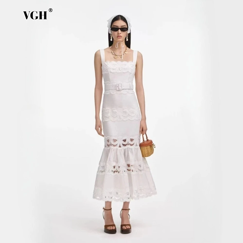 VGH sólido elegante empalmado vestido calado para mujer cuello cuadrado sin mangas Patchwork fajas cintura alta vestidos ceñidos Mujer