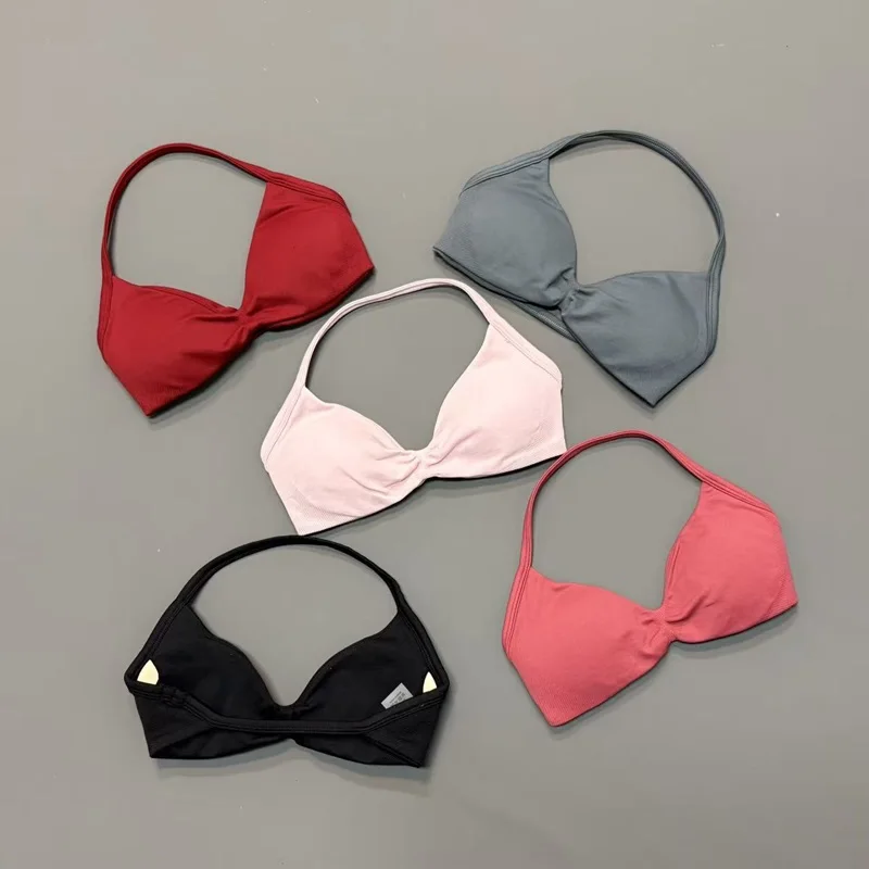 Sujetador deportivo halter para mujer con cuello en V, acolchado, para yoga, con copas extraíbles, suave como la mantequilla, sin costuras, para entrenamiento, gimnasio, fitness, top de ropa deportiva.