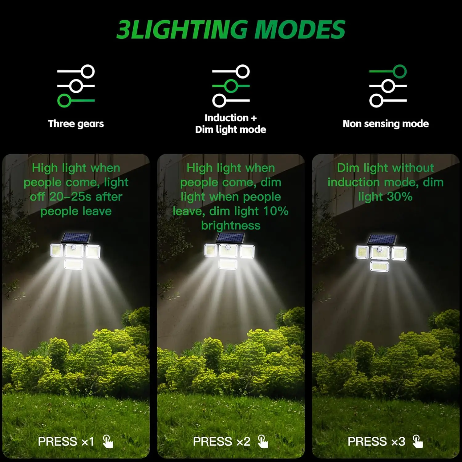 Paquete de 1 lámpara con sensor de movimiento para exteriores, luz de energía solar de 4 cabezales, luz solar de 122 LED, luces de inundación, 3000 lúmenes, 270 °   Gama de iluminación