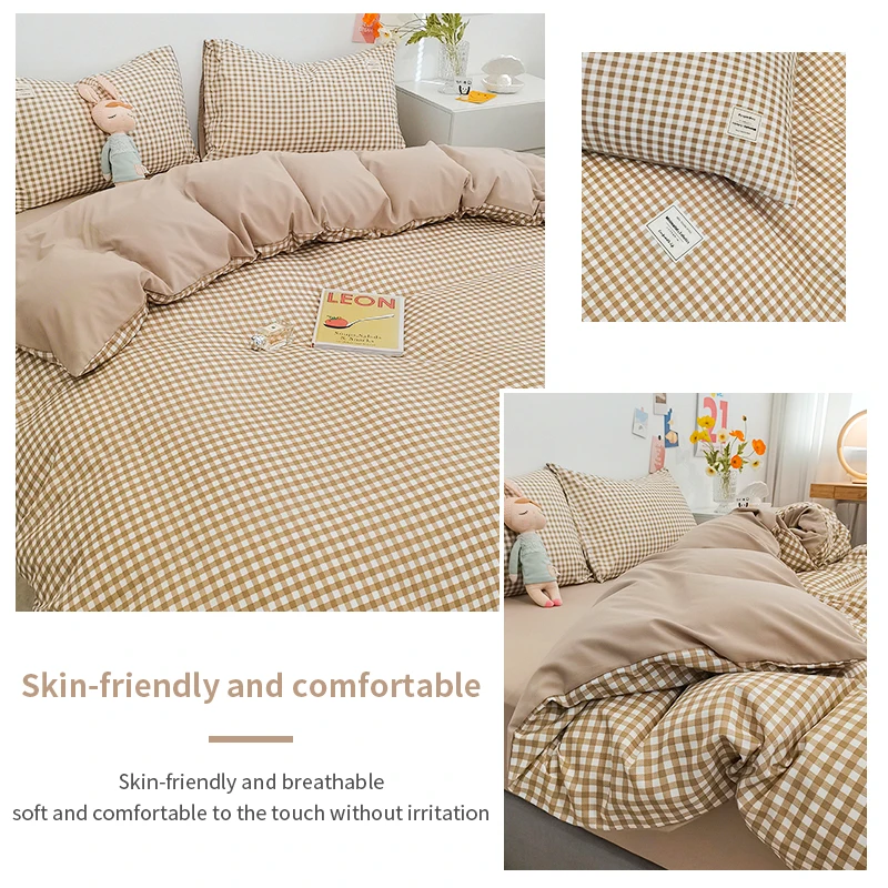 Juego de funda nórdica 100% algodón, juego de cama con rayas a cuadros, transpirable y agradable para la piel, 1 funda nórdica, 2 fundas de almohada, estilo Simple japonés