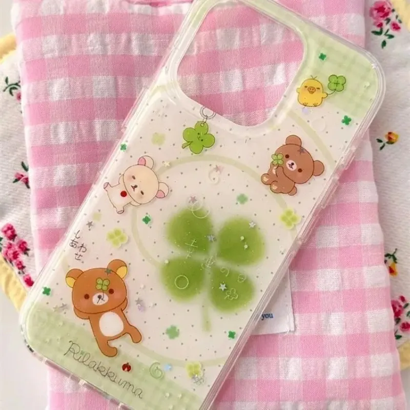 Linda funda para teléfono móvil con diseño de trébol de cuatro hojas Rilakkuma, moderna y protectora, compatible con iPhone 11, 12, 13, 14, 15, 16, 17 Pro Max