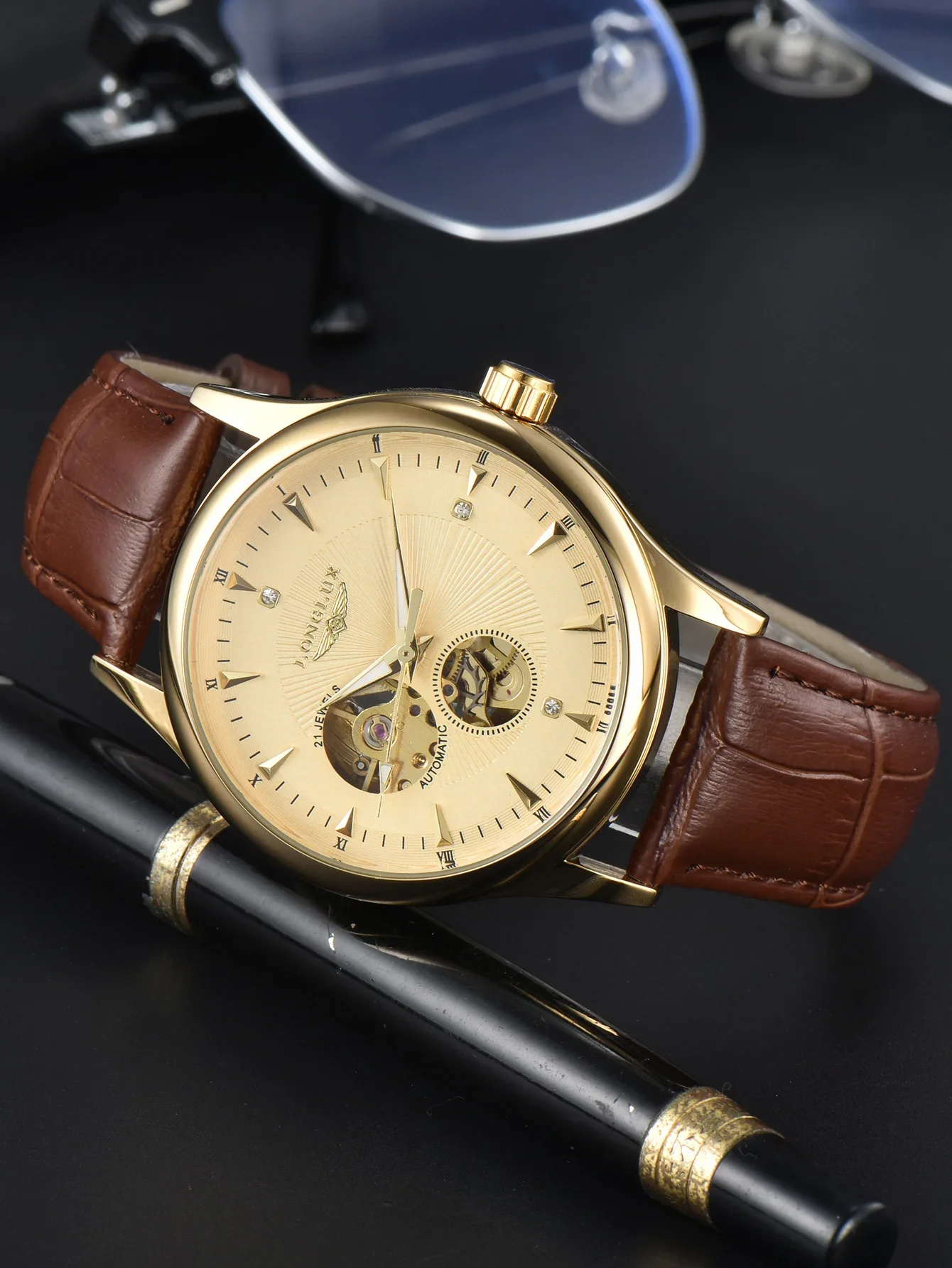 Reloj Automático LONGLUX, Estilo Elegante, Relojes de Pulsera Mecánicos al por Mayor, Esqueleto Romano, Resistente al Agua, Reloj para Hombre, Regalo para Hombre