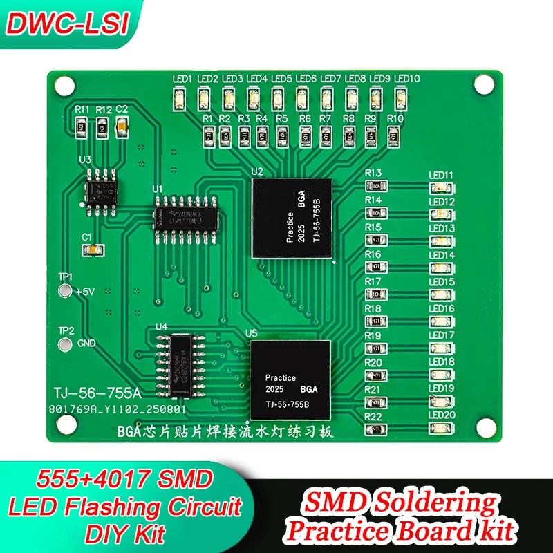 Kit de tablero de práctica de soldadura de Chip BGA, kit de bricolaje de circuito de luz de flujo SMD 555 4017