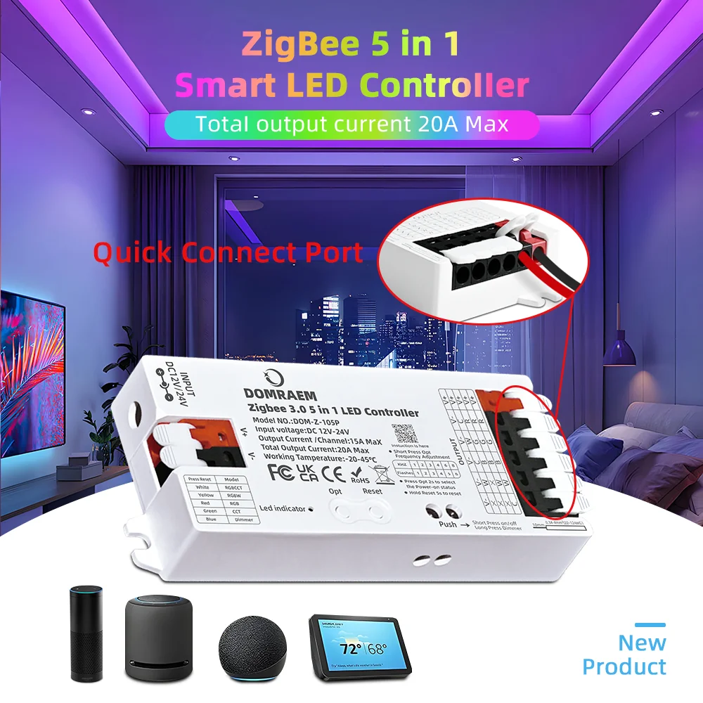DOMRAEM Zigbee 3.0, controlador de tiras LED 5 en 1, regulador de intensidad, CCT, RGB, RGBW, RGBCCT, PWM, compatible con la aplicación HU*E SmartThings y control por voz, 20 A máx.