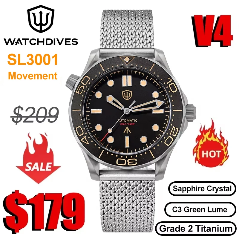 Reloj Watchdives WD007 V4 de 42mm SL3001 con movimiento automático, reloj de pulsera de titanio NTTD, cristal de zafiro abovedado, reloj superluminoso C3