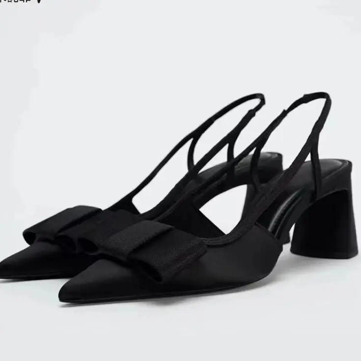 Zapatos de Verano para Mujer con Decoración de Lazo Negro, Tacones Descubiertos, Tacones Gruesos, Tacones Altos Puntiagudos, Sandalias Bajas
