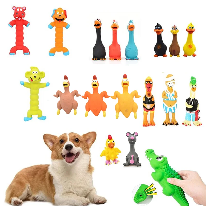 Juguetes de goma para perros chirriantes, juguete para masticar de látex para perros, pollo, Animal, resistente a mordeduras, juguete con sonido para cachorros, suministros para perros pequeños, medianos y grandes