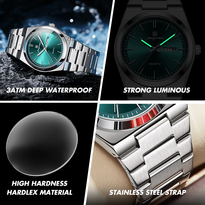 PAAZOMU, reloj de cuarzo a la moda para hombre, reloj luminoso resistente al agua de acero inoxidable para hombre, cronógrafo con fecha, relojes multifunción para hombre