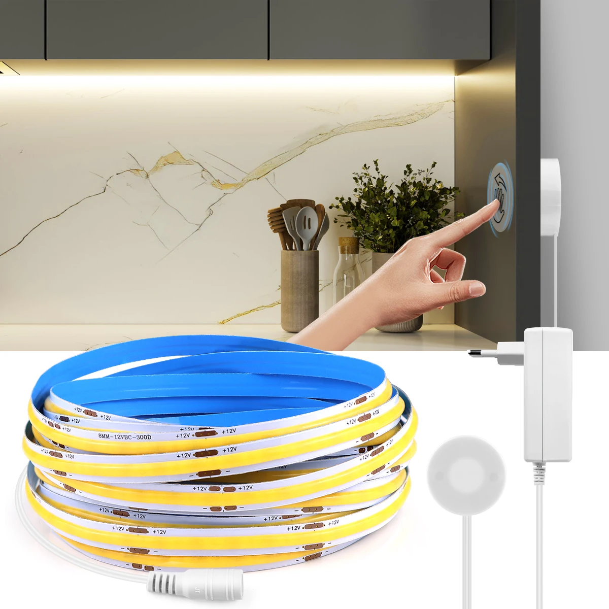Atenuador táctil y interruptor de inducción de barrido manual tira de luz LED COB Flexible 12V 320 LEDs/M cinta de luz LED iluminación de cocina para dormitorio