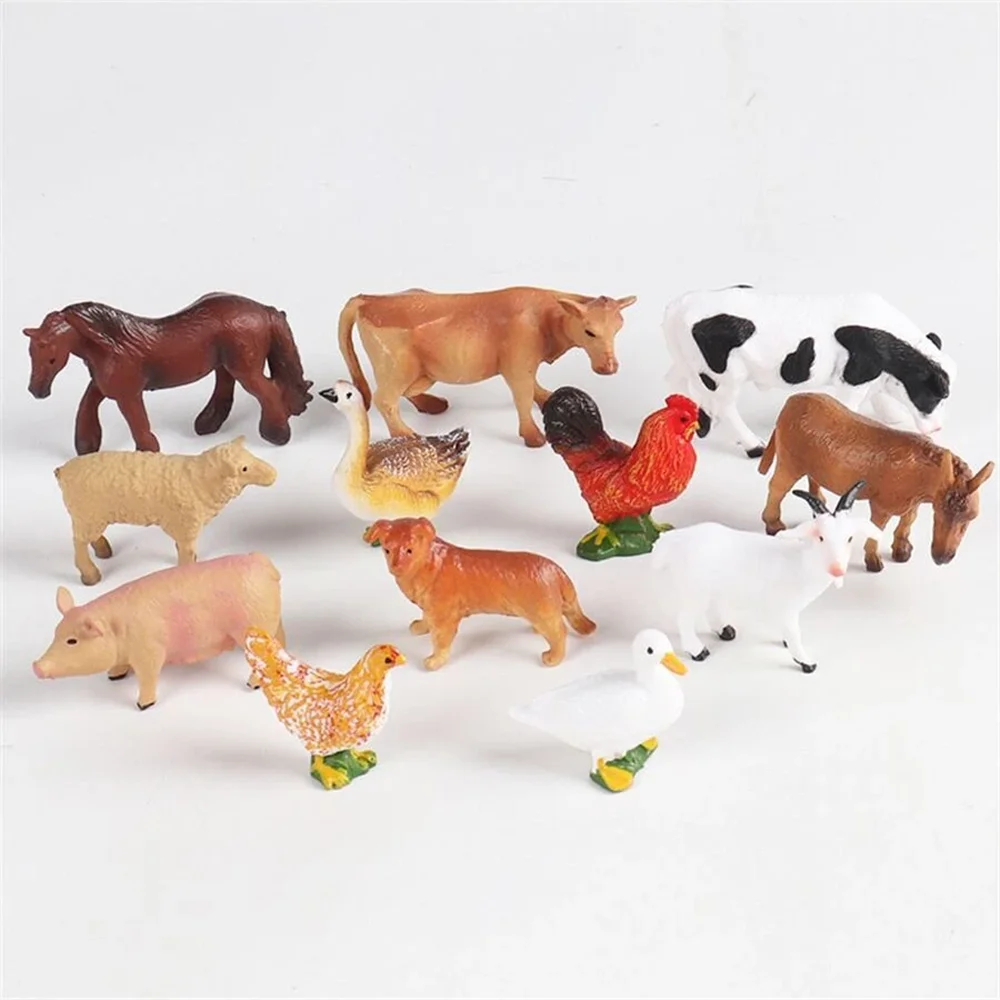 12 Uds simulación de granja avícola Animal modelo juguete Mini pato caballo pollo vaca figuras muñecas figuras de acción juguetes para niños regalo