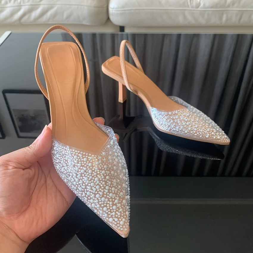 Moda de verano 2024, tacones altos para mujer, decoración de perlas, zapatos de tacón con talón descubierto para mujer, Sandalias de tacón alto con punta estrecha, zapatos elegantes para mujer
