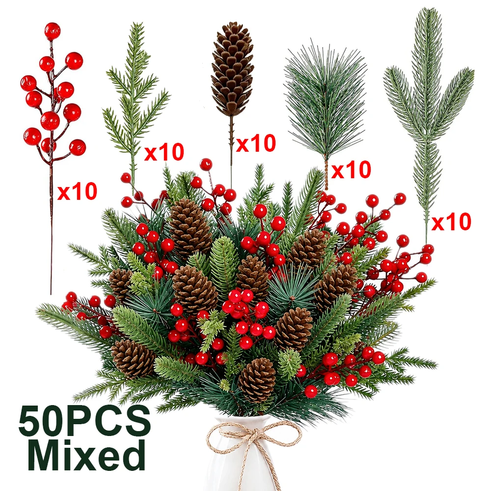 50 Piezas de Ramas de Pino Artificiales Navideñas, Tallos de Bayas Rojas, Piñas y Agujas de Pino para Manualidades, Guirnaldas, Coronas y Decoración Navideña del Hogar