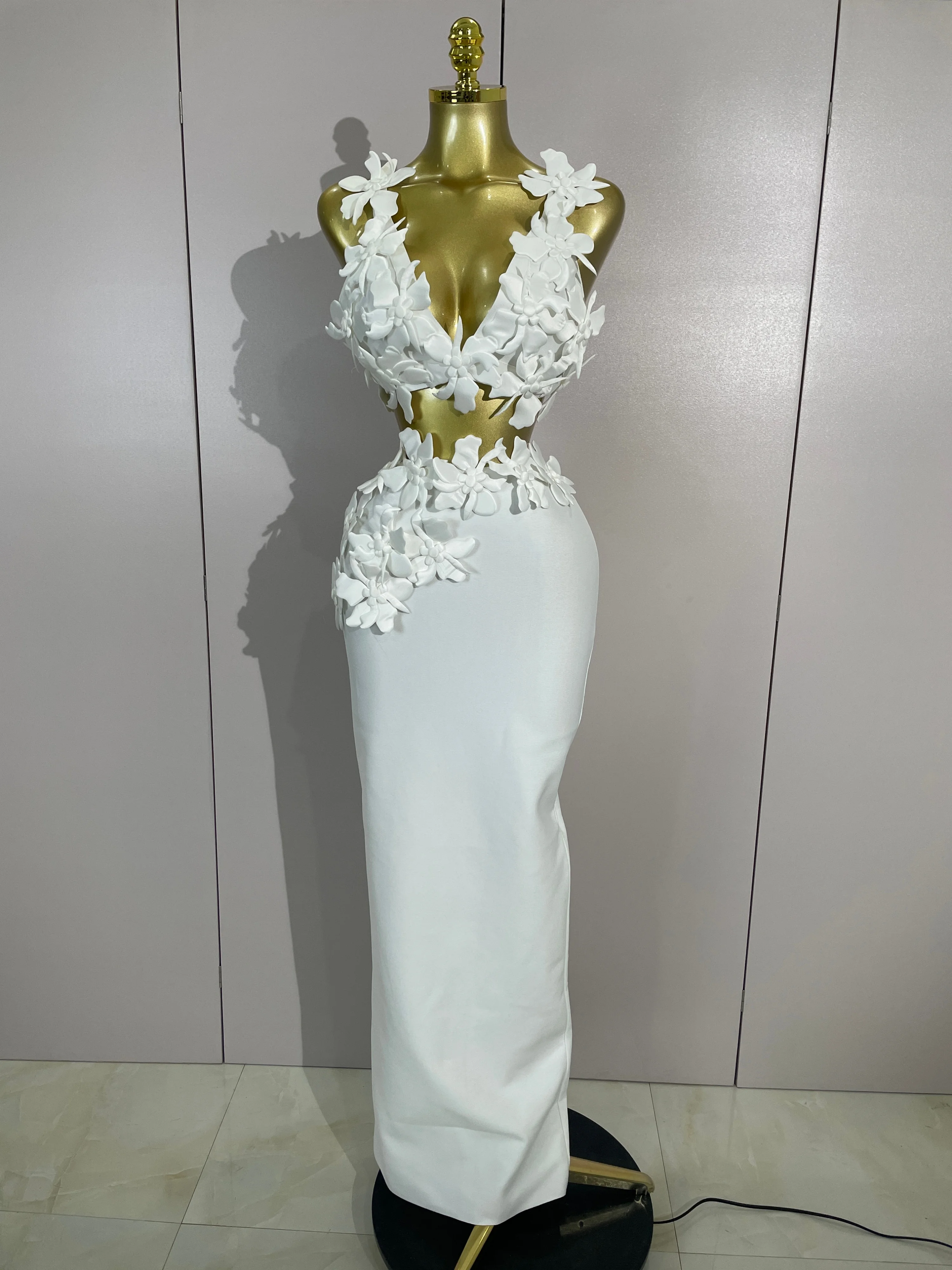 Vestido Largo Ajustado con Cuello en V y Flores Blancas para Mujer, Conjunto de Dos Piezas, Vestido de Fiesta, Graduación, Club Nocturno, Celebración de Cumpleaños