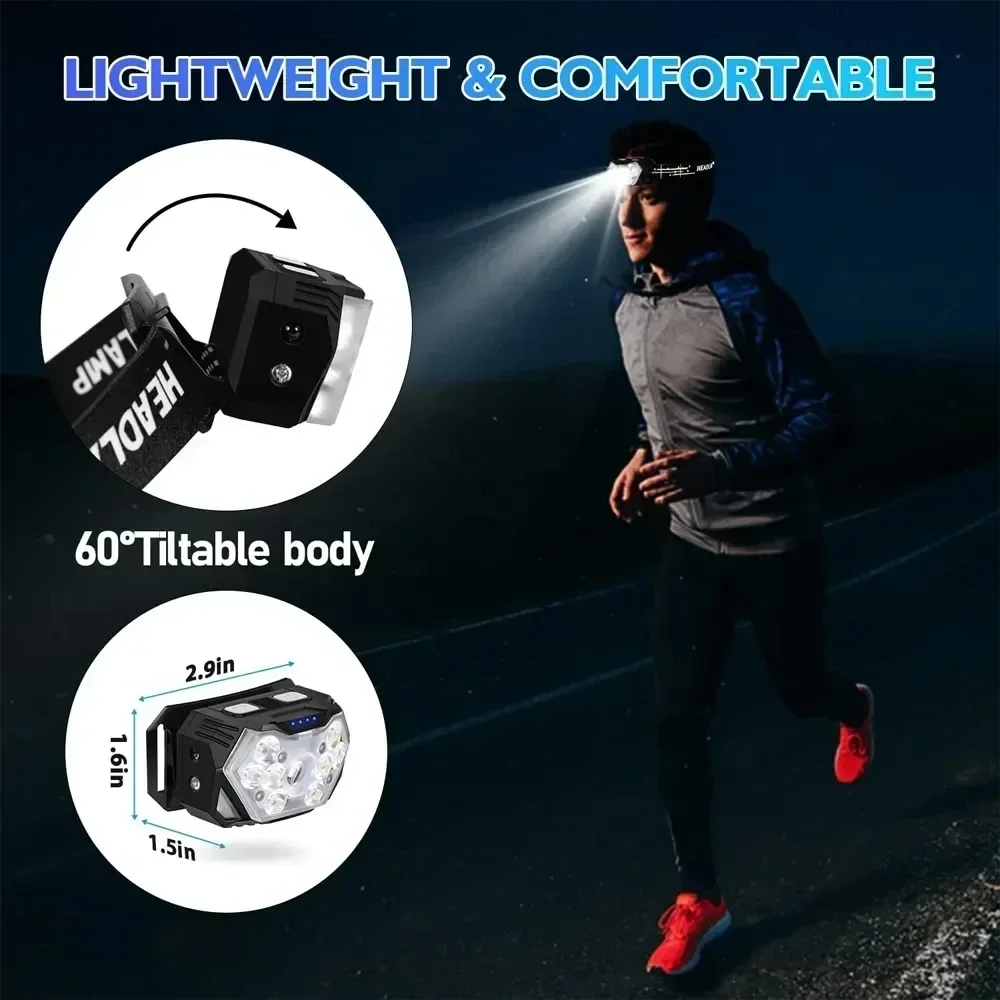 Linterna frontal portátil de 9 luces Led, recargable por USB con Sensor de movimiento, resistente al agua, para exteriores, para acampar y pescar