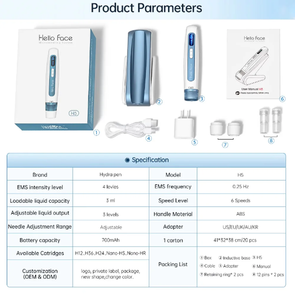 Hidrapen H5 Original con Microagujas y Dispositivo de Infusión de Mesoterapia con Microcorriente EMS de 4 Polos para Reparación de la Piel