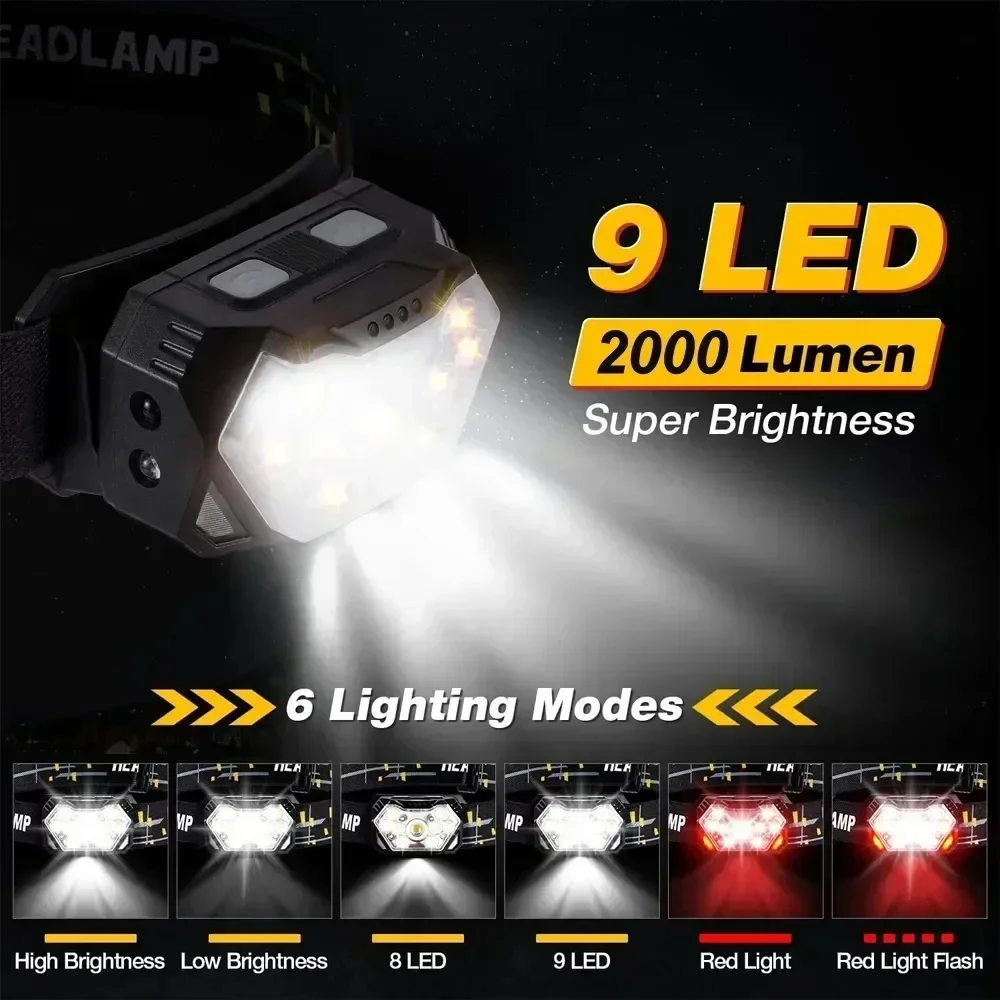 Linterna frontal portátil de 9 luces Led, recargable por USB con Sensor de movimiento, resistente al agua, para exteriores, para acampar y pescar