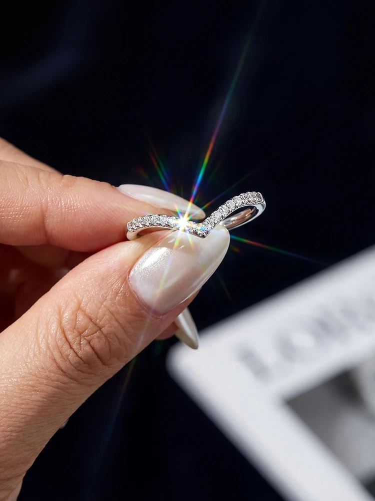 Anillos brillantes de moda en forma de V con diamantes de moissanita auténtica para mujer, joyería de compromiso y boda de plata de ley 925