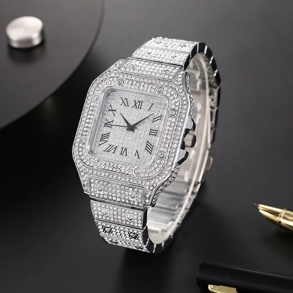 Relojes de negocios cuadrados de lujo para hombre, correa de acero, esfera romana, reloj de cuarzo con diamantes de imitación, reloj de pulsera masculino, reloj Masculino