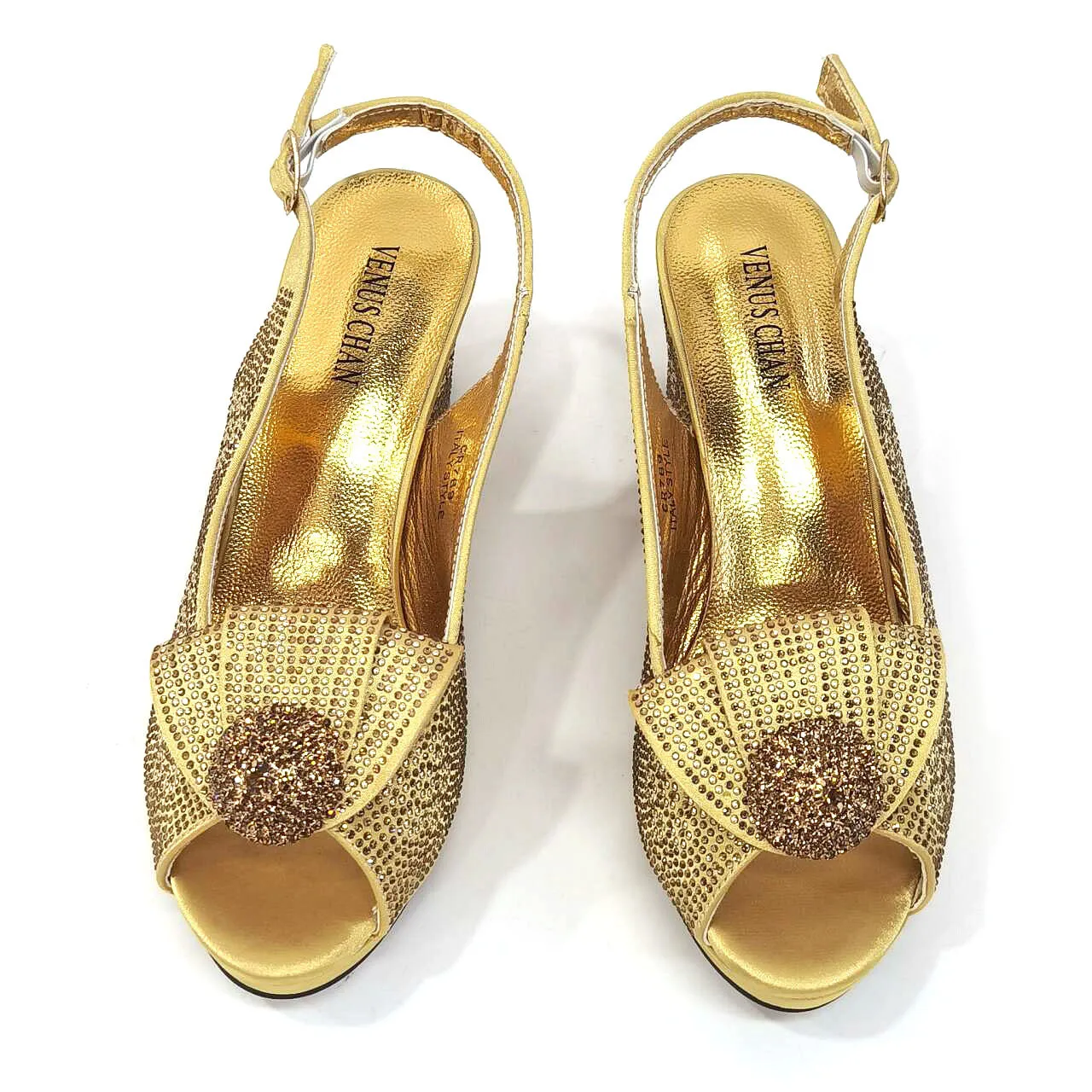 Venus Chan 2024, diseño italiano, estilo femenino, zapatos y bolso de boda de Color dorado, decoración completa de diamantes, bolsas con cierre de Metal