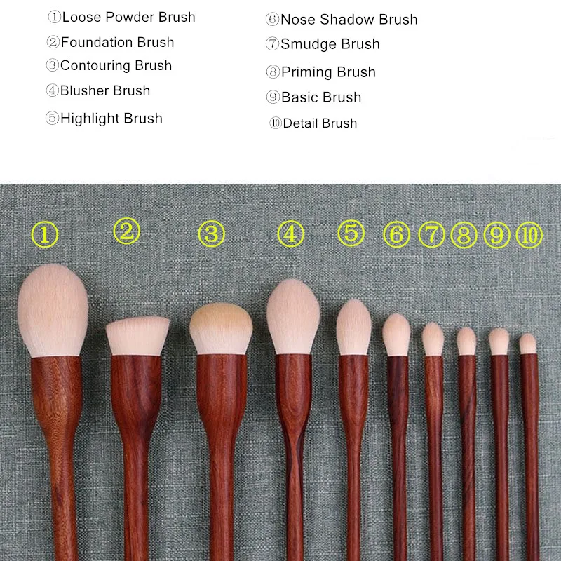 Juego de brochas de maquillaje de sándalo, 10 Uds., colorete en polvo, base, licuadora, esculpir sombra de ojos, brocha de maquillaje de belleza profesional