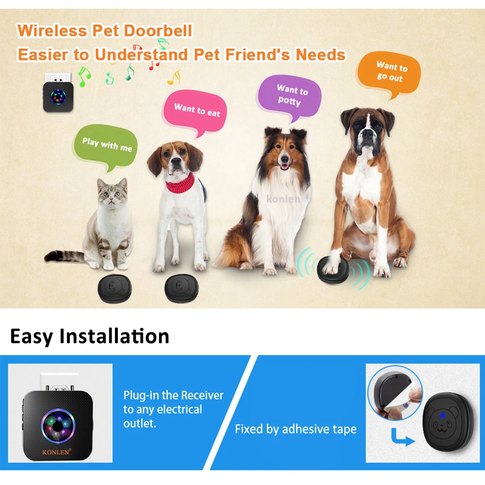 KONLEN-timbre inteligente para perro, timbre inalámbrico para entrenamiento de orinal, campanilla de comida para perros, botón táctil para mascotas, anillo para cachorros para salir