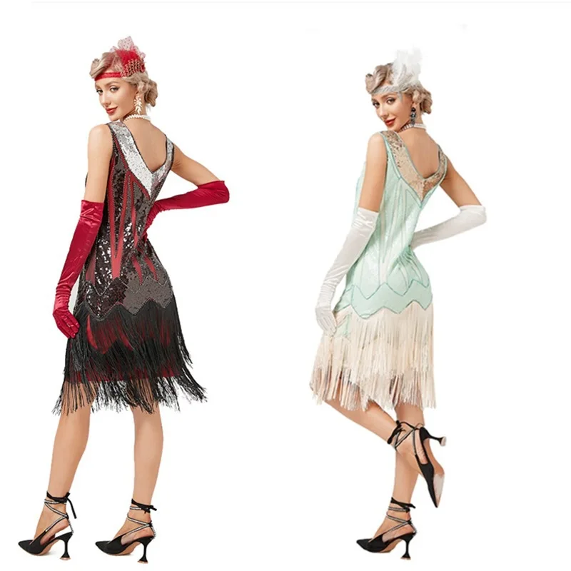 Falda larga sin mangas para mujer, vestido Flapper de fiesta del gran Gatsby Vintage de los años 1920, vestido de cóctel con flecos y lentejuelas