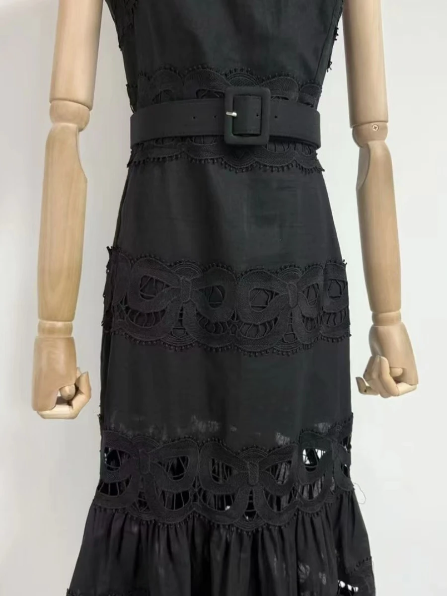 VGH sólido elegante empalmado vestido calado para mujer cuello cuadrado sin mangas Patchwork fajas cintura alta vestidos ceñidos Mujer