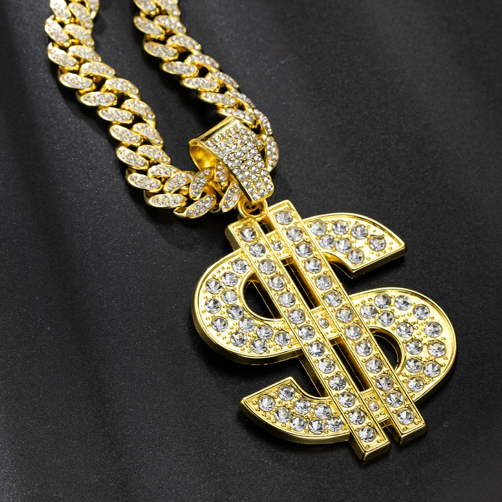 Collar con colgante de dólar de Hip Hop a la moda con cadena cubana de 13mm, collares con signo de dinero de dólar estadounidense, joyería Punk de Rap Rock para regalo de hombre