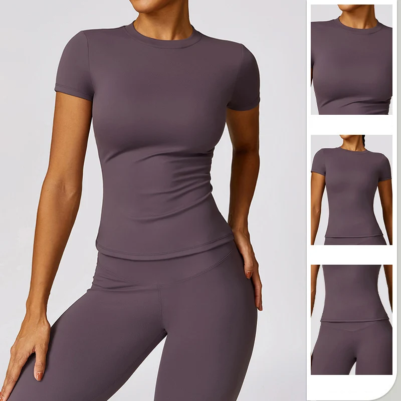 Camiseta deportiva para mujer, camiseta de verano de manga corta para correr, cuello redondo, transpirable, elástica, para gimnasio, Yoga, Fitness, Top activo