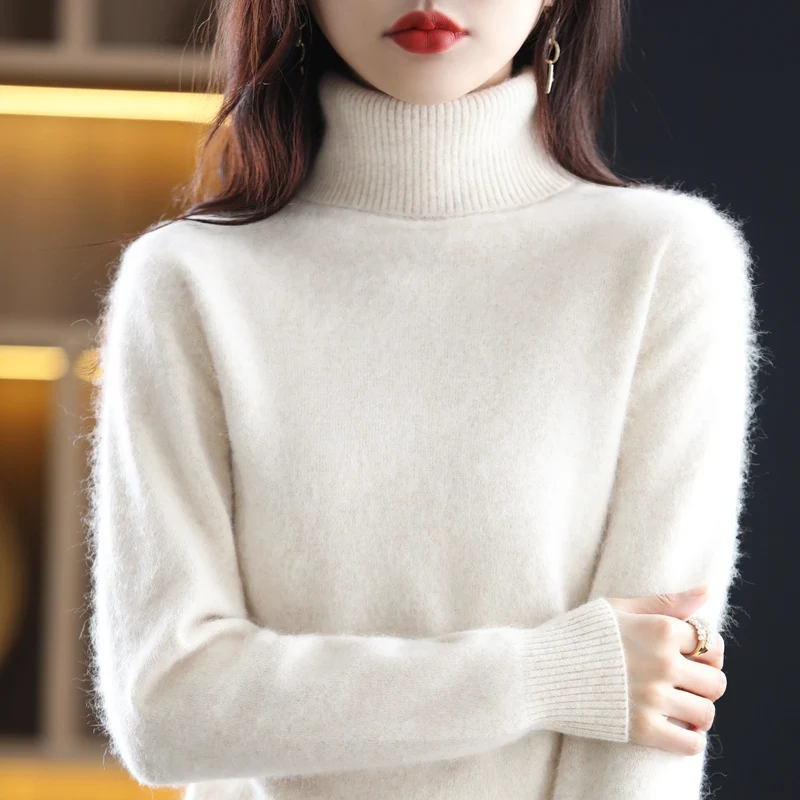 Jersey de cuello alto de felpa de visón para mujer, suéter de cachemira para mujer, ropa de Otoño/Invierno, 2024, 100%, Dbr-018