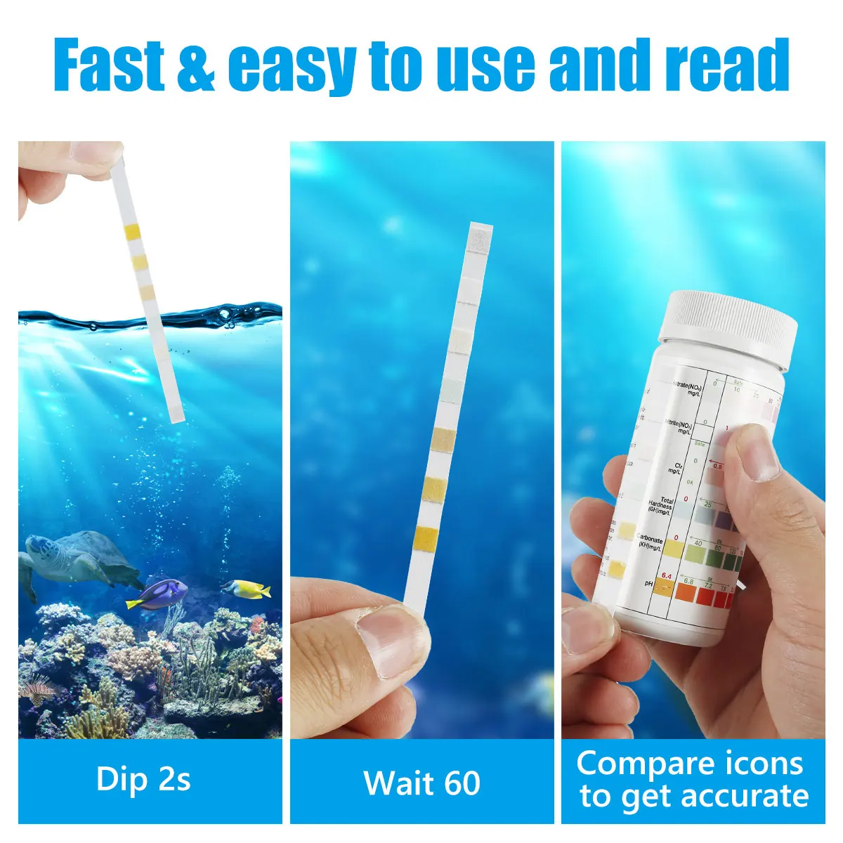 100 Uds tiras de prueba de acuario tira de prueba de calidad del agua 7/en1 Kit de prueba de tanque de peces agua dulce agua salada acuario tiras de prueba de pH