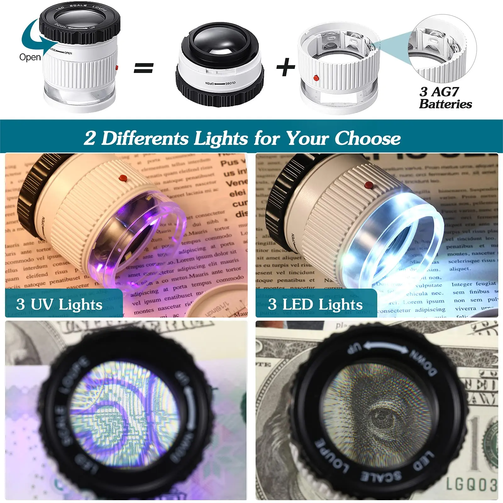 Lupa de mano cilíndrica 30X con escala LED Luz UV Lupa iluminada Focal ajustable HD Lupa joyería Lupa