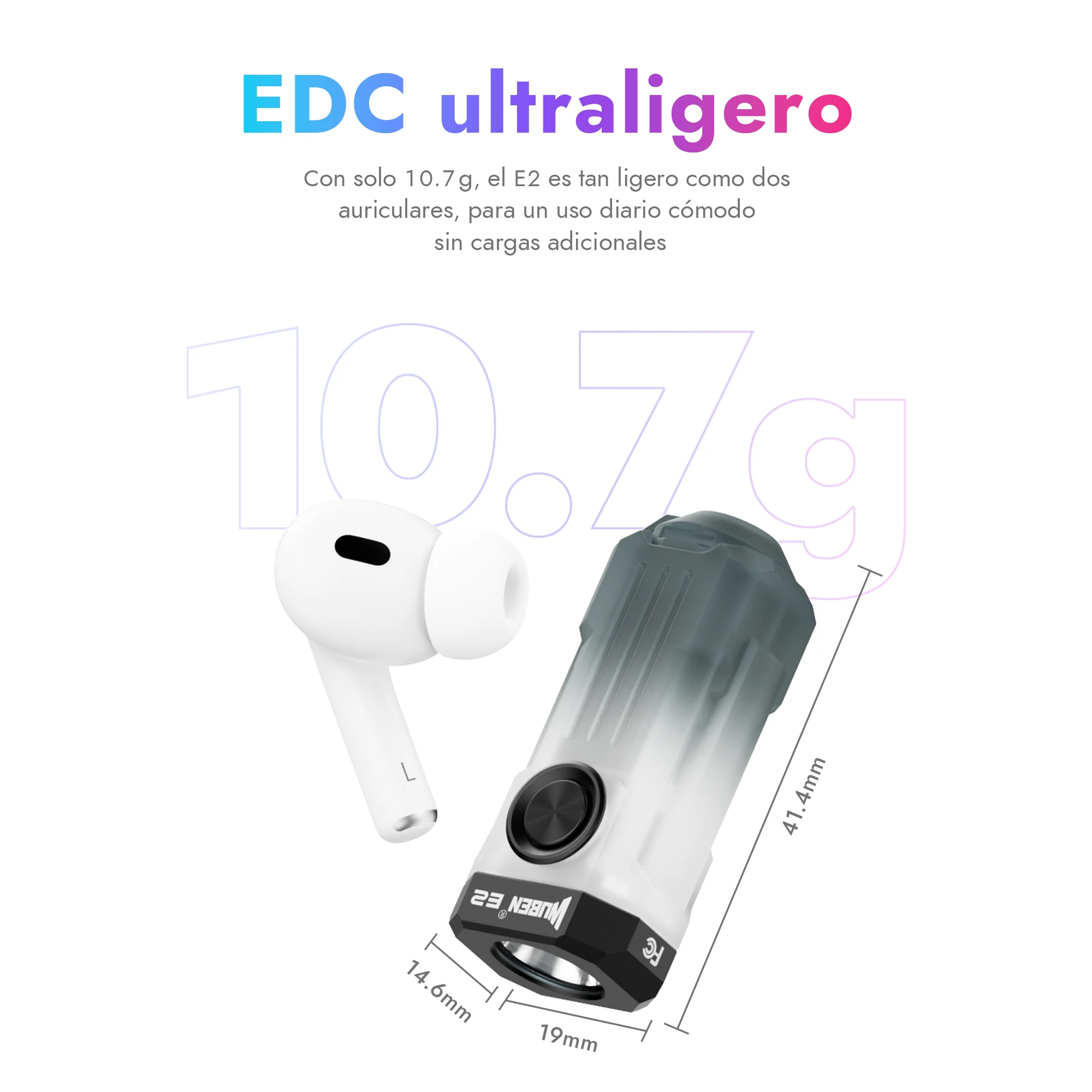 Linterna Wuben E2 EDC ultraligera con luz estroboscópica, linterna de cuello, mini linterna recargable para llavero, IP66, luz de bolsillo para camping