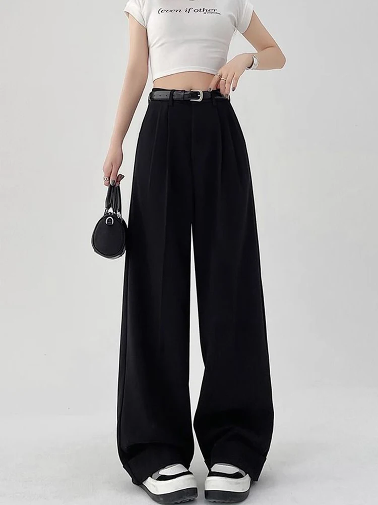 Botvotee, trajes informales, pantalones para mujer, oficina, elegante, pierna ancha, pantalones negros de cintura alta con cinturón, ropa de calle, moda Y2k