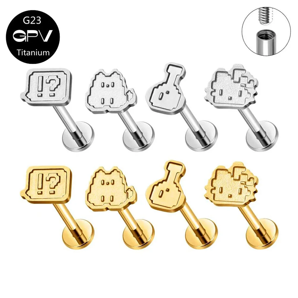 Pendientes de titanio ASTM G23 para cartílago de la oreja, con un adorable diseño de animales estilo pixelado, joyería de mosaico para hombres y mujeres.