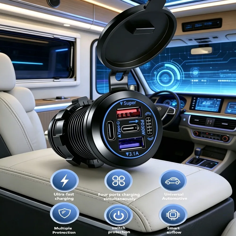 NUEVO Cargador de Coche Integrado de 12V-24V, PD30W QC3.0, 4 Puertos USB C de Carga Rápida, Toma de Corriente Impermeable para Motocicleta, RV, Camión