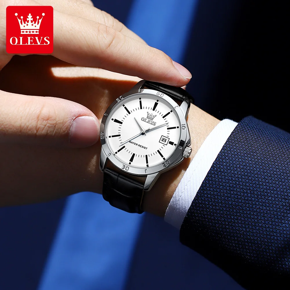 Reloj OLEVS para hombre, correa de cuero de moda, reloj de cuarzo resistente al agua para hombre, calendario sencillo, relojes de pulsera de vestir para hombre, exfoliante nuevo