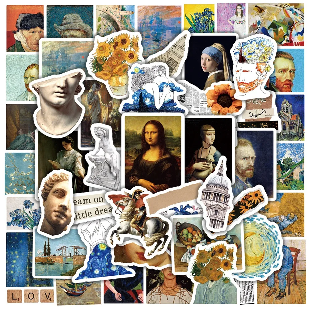 50 Uds. Pegatinas de ilustraciones de pintura del mundo estético Da Vinci Vincent Van Gogh DIY pegatina de Graffiti juguete para regalo para niños impermeable