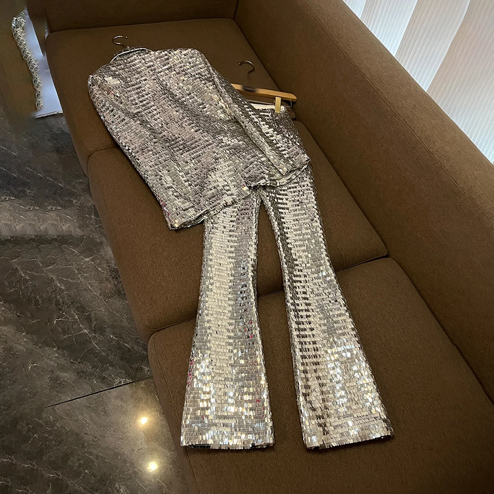 TWOTWINSTYLE, conjuntos de dos piezas de lentejuelas lisas para mujer, solapa, manga larga, pantalones de cintura alta, conjunto elegante, moda femenina KSE527441