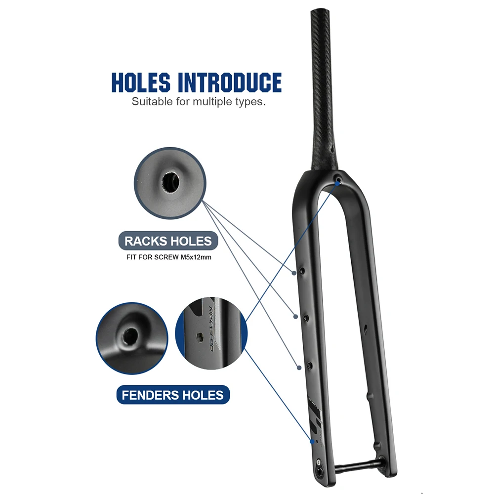 Horquilla de Gravel OG-EVKIN FK-020 de Fibra de Carbono, Horquilla Delantera Cónica para Bicicleta de Gravel, Color Negro Mate, 700C X 55C, Eje Pasante 12x100mm