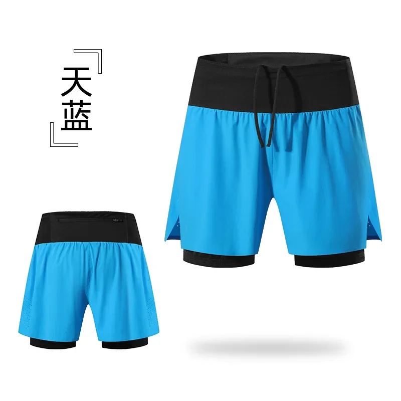 Pantalones cortos de doble cubierta para hombre, para correr, gimnasio, Fitness, correr, bolsillo de secado rápido, traning, trotar, entrenamiento