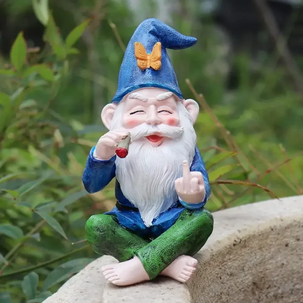 Adornos de Gnomo de jardín, estatua de resina, estatuilla para fumar, escritorio de dedo medio, estantería, arte, decoración del jardín del hogar