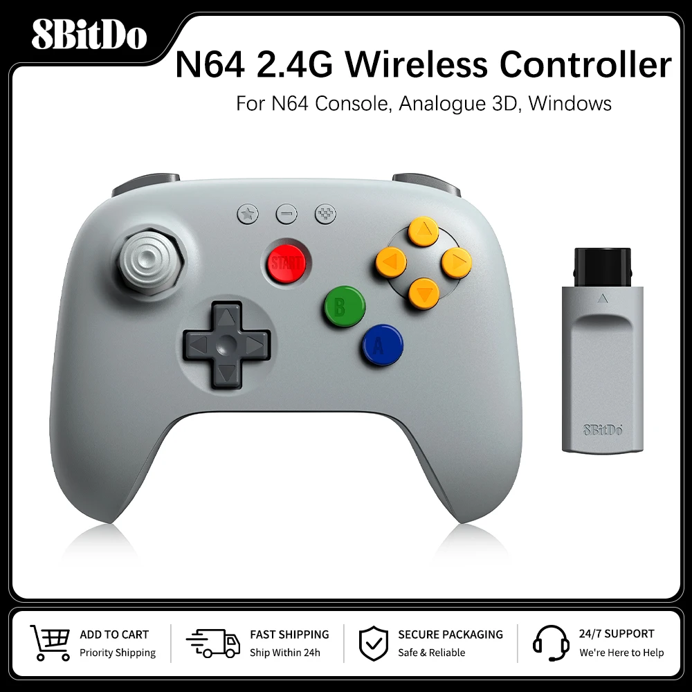 Control Inalámbrico 8BitDo N64 2.4G para Consola N64 Original, Analógico 3D y Windows (Gris), Joystick con Efecto Hall